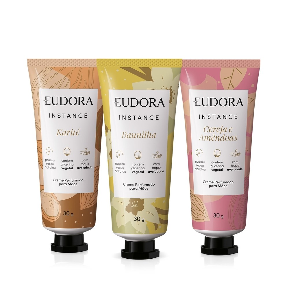Kit Creme Para As Mãos Instance: Cereja e Amêndoas 30g + Baunilha 30ml + Karité 30g