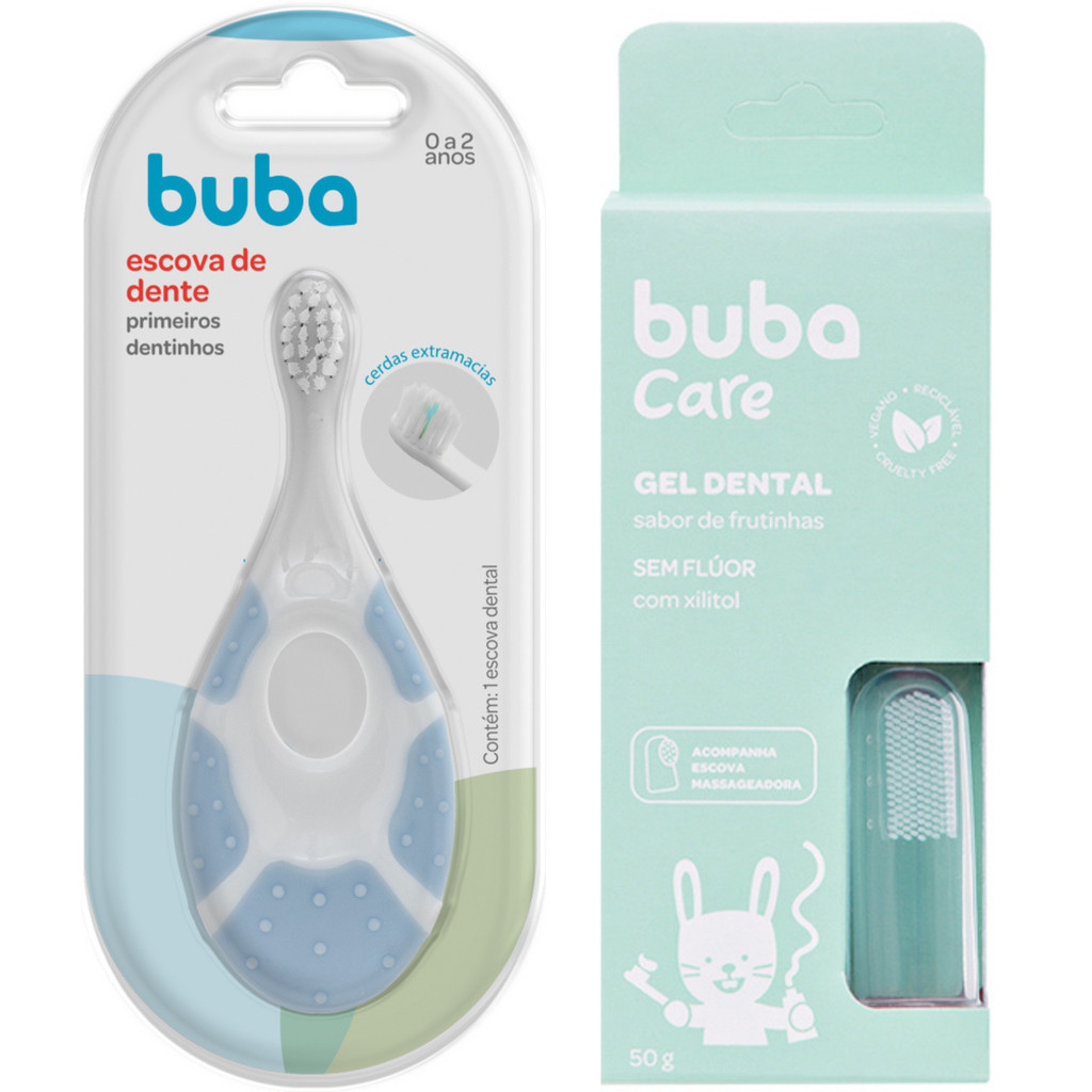 Kit Escova De Dente Azul e Gel Dental Pasta de Dente Para Bebe Infantil Menino Creme Dental BUBA
