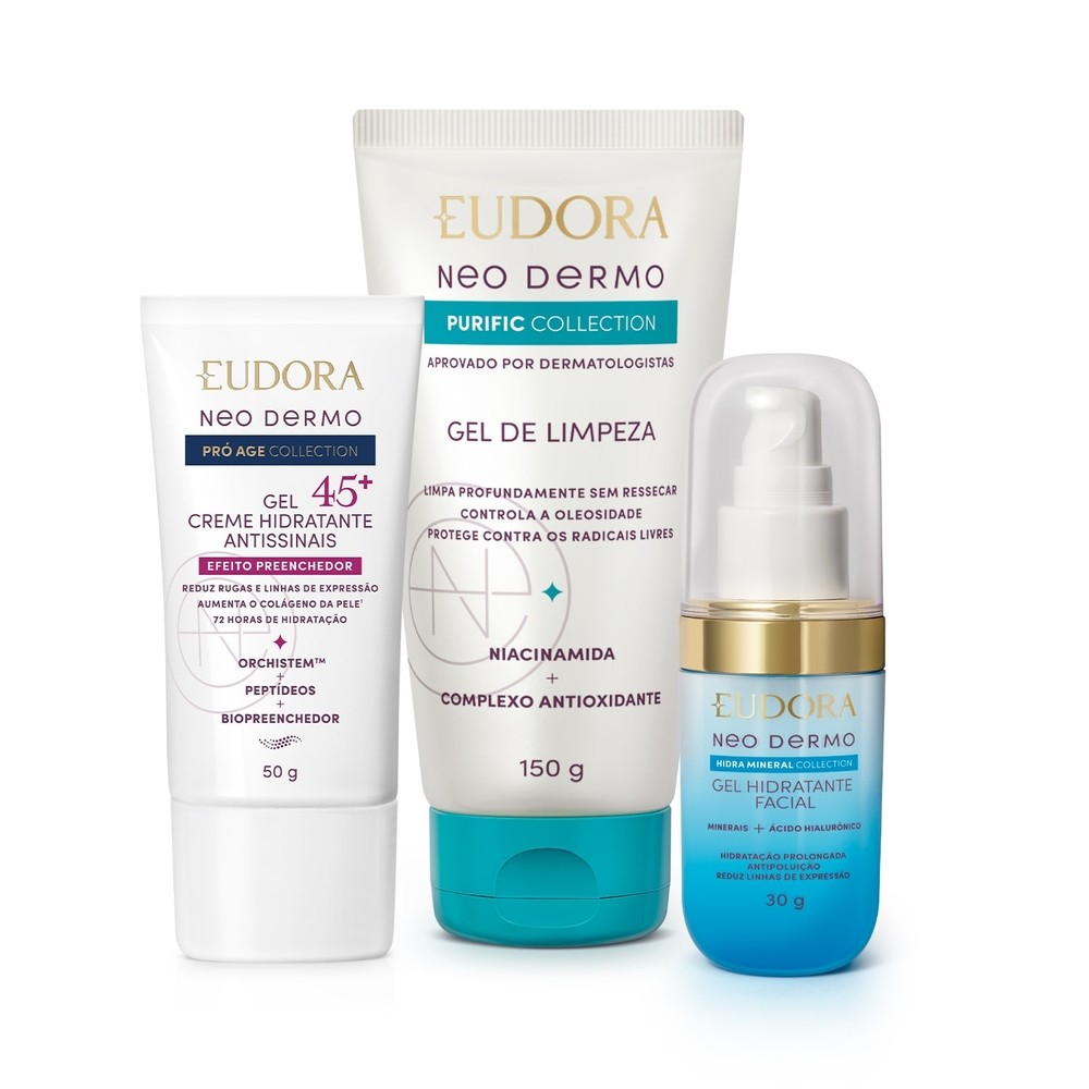 Combo Gel Limpeza Purific 150g+ Hidratante Facial Hidra Mineral  30g+ Hidratante Facial Antissinais 45+ Pró Age 50g