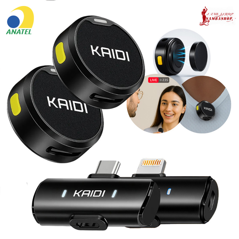 Kit Kaidi Profissional: 2 Microfones Lapela Sem Fio com Anti-ruído, Imã Redondo e Entrada Dupla USB-C/iPhone