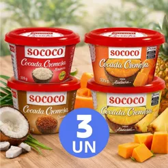 Pack 3un Cocada Doce Cremosa de Coco Branco, Coco Queimado, com Abóbora ou com Abacaxi Sococo 335g