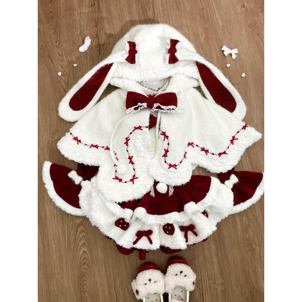 W inverno natal ano novo Trobe vermelho doce orelhas de coelho manto xale contraste cor bolo vestido manga conjunto