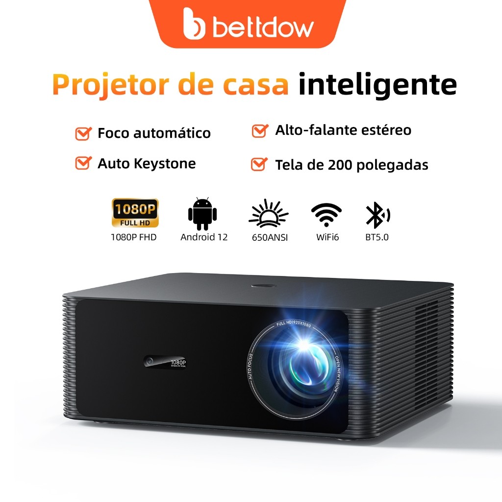 BETTDOW Full HD 1080P , Projetor 4K , 30000 Lúmens , Android 12 , Gravação Automática , Espelhamento De Tela Sem Fio