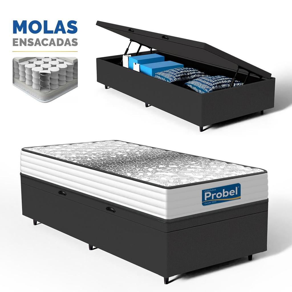 Cama Box Baú com Colchão de Molas Ensacadas Double Face Essence Probel Solteiro 88cm