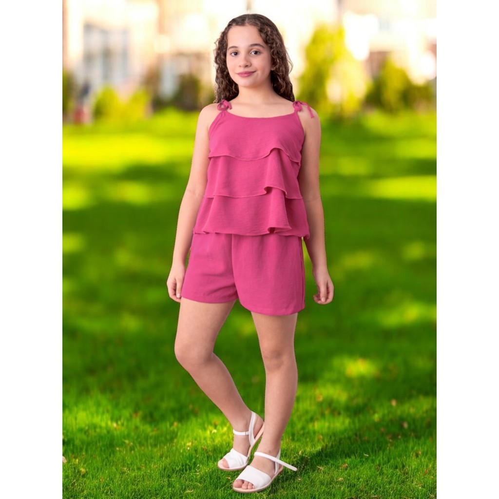 Conjunto Infantil Feminino Juvenil Blusa Babados e Short – Moda Infantil Tendência Verão Confortável e Estiloso