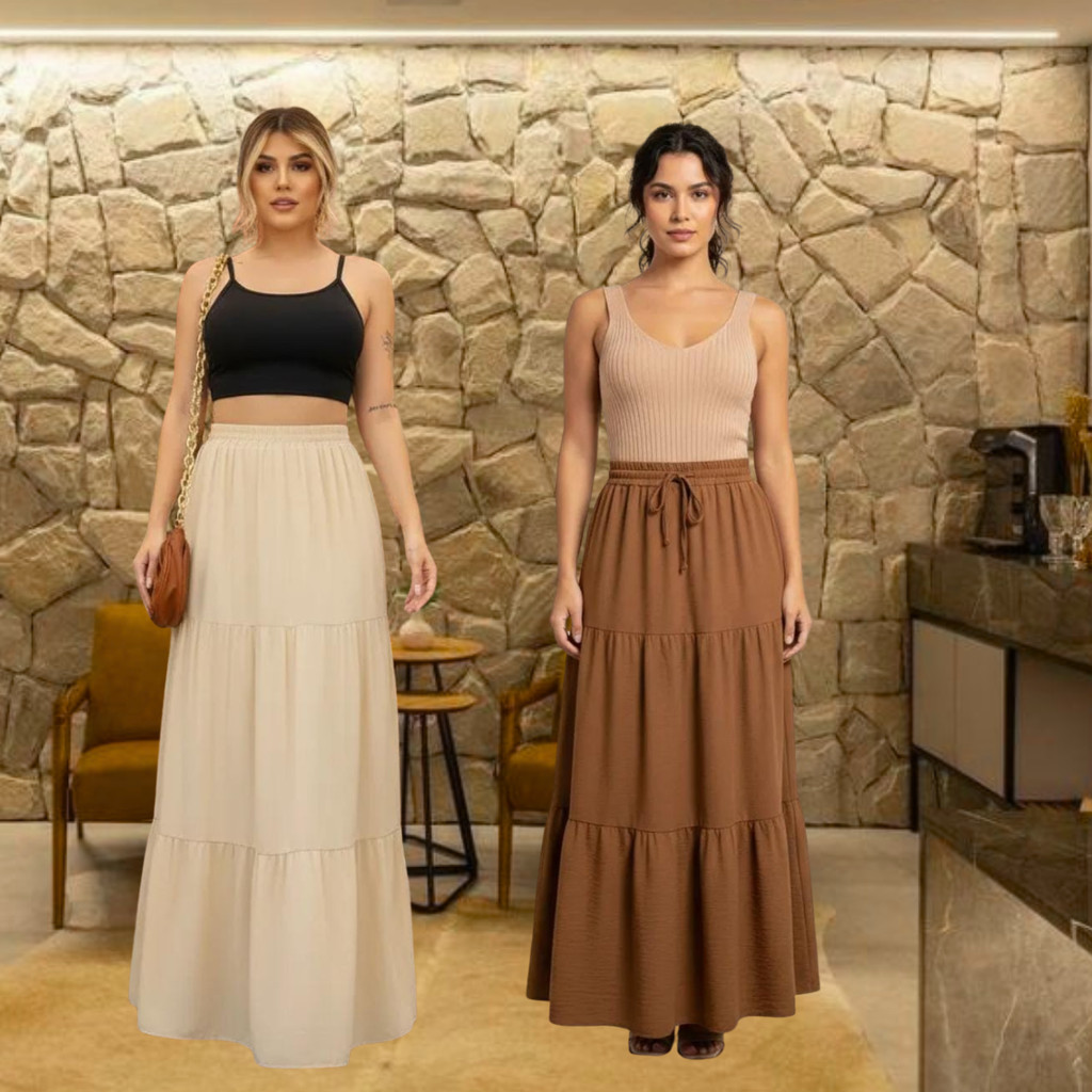 Saia Longa Três Marias Feminina Cintura Alta – Caimento Leve e Visual Sofisticado