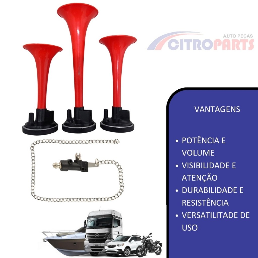 Buzina A ar Verdureiro 3 Cornetas Caminhão C/ Válvula Cordinha
