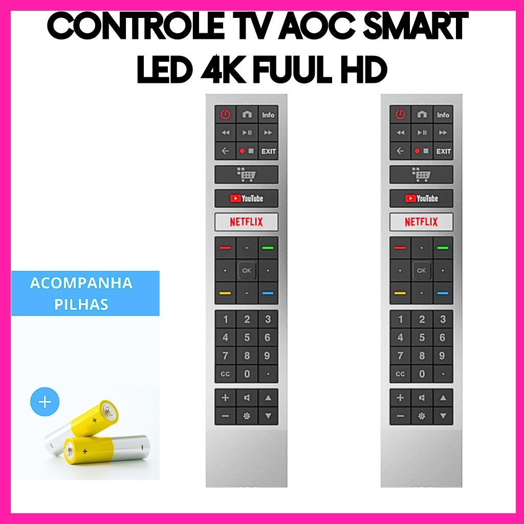 Controle Remoto TV AOC Smart LED 4K Full HD Universal Compatível Netflix e YouTube