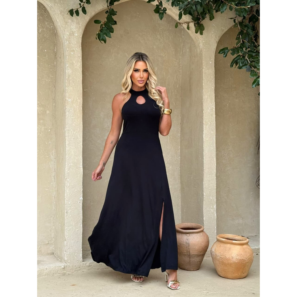 Vestido Longo Fenda Na Saia Decote Estilo Gota Lindo Barato
