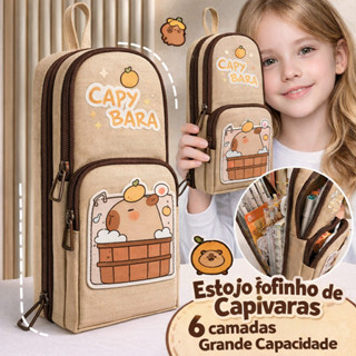 Estojo Capivara Grande Capacidade 6 Camadas | Impermeável | Porta-Lápis Escolar Multifuncional com Zíper Metálico em Oferta na Shopee