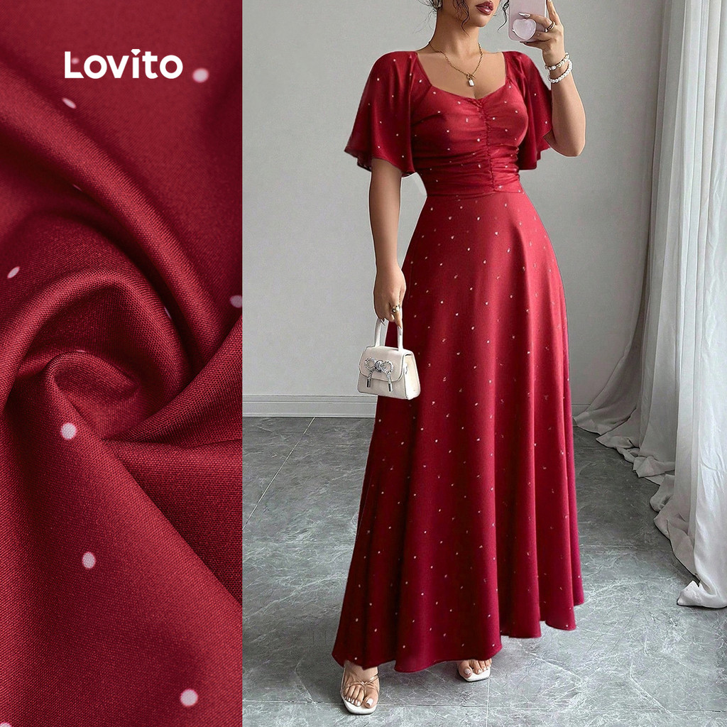 Lovito Vestido elegante franzido vestido primavera/verão para mulheres LBL32247 em Oferta na Shopee
