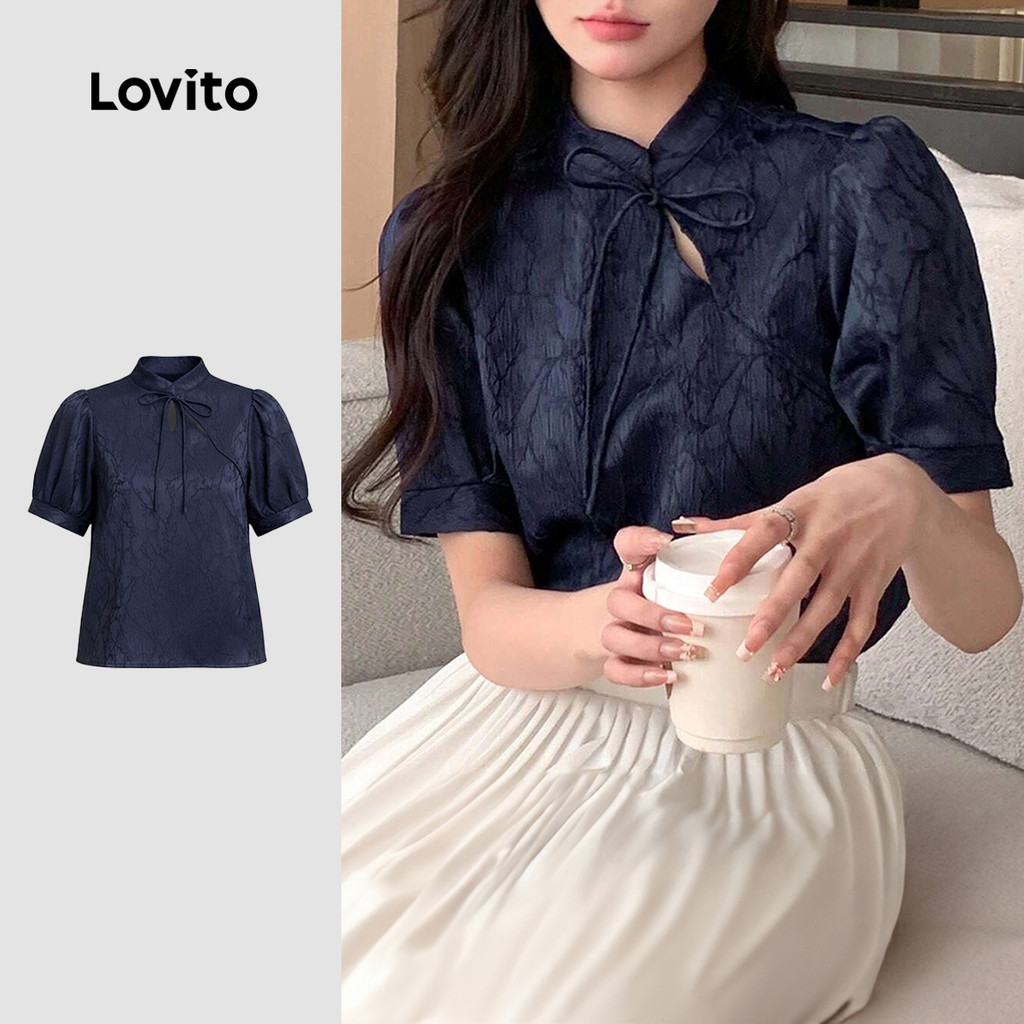 Lovito Blusa Elegante De Festa Estilo Chinês Assimétrica Azul Marinho Primavera/verão Para Mulheres LK2ED208 em Oferta na Shopee