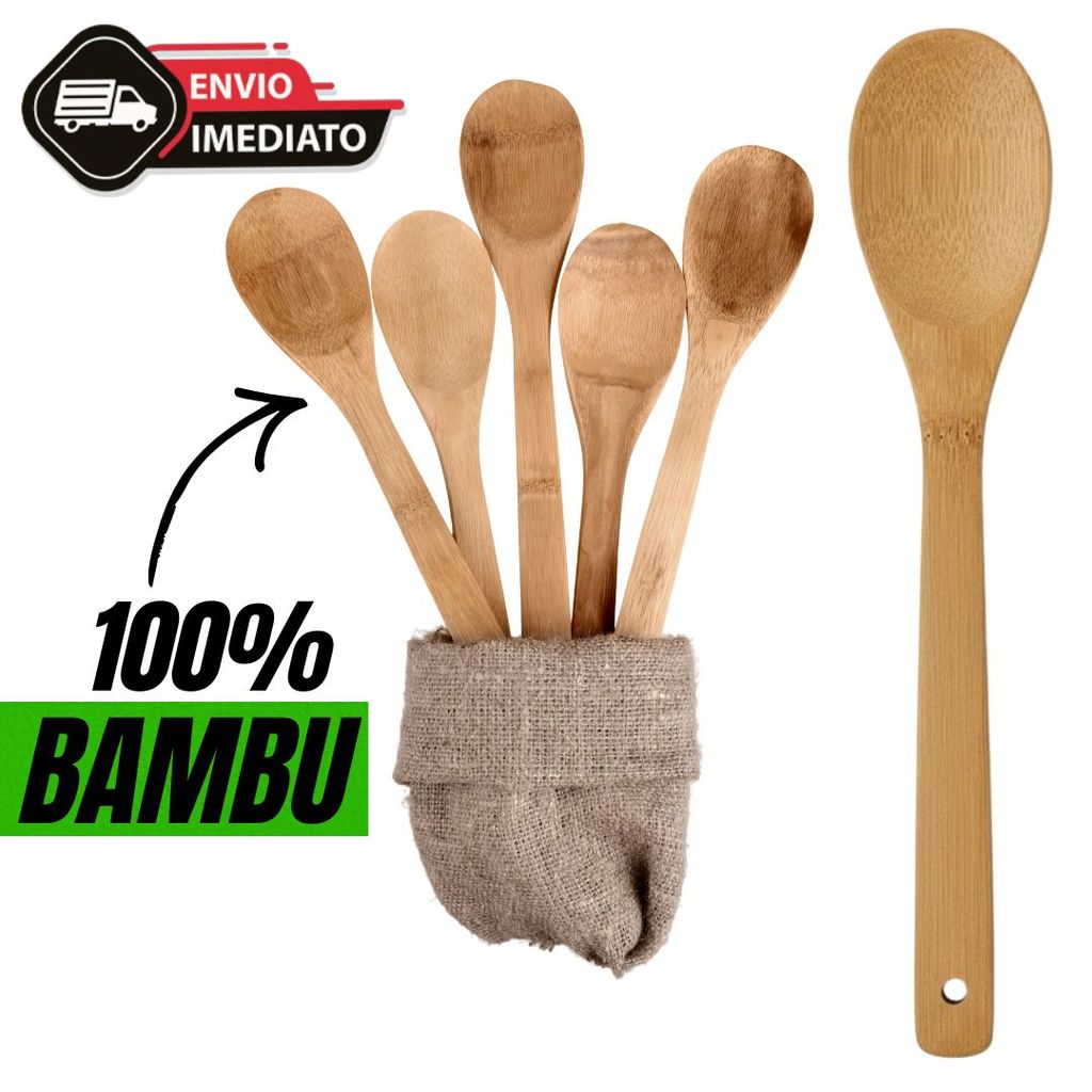 Colher de Bambu Bamboo Natural Para Cozinha – Utensílio de Madeira Ecológica, Resistente e Durável