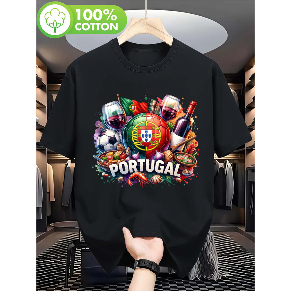 Camiseta Oversized Estampada Portugal Vibes Bandeira Futebol Letras Gola Redonda Manga Curta Casual Unissex