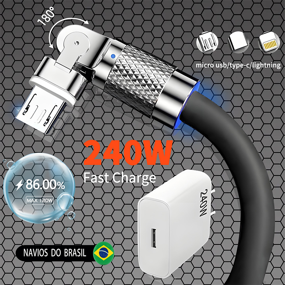 Carregador Super Rápido De 240 W Com 180 ° Cabo De Carregamento De Rotação Para Cabos Giratórios Micro USB iOS Tipo C CV em Oferta na Shopee