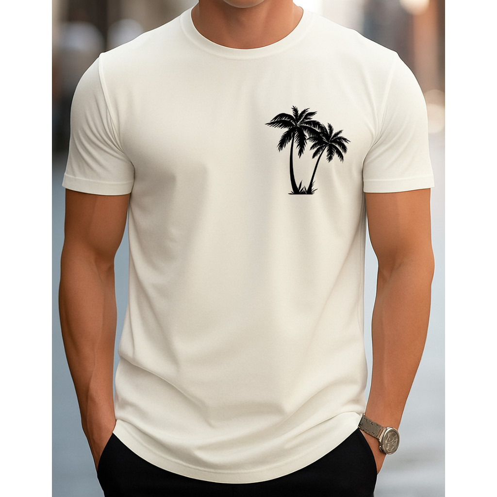 Camiseta Masculina Coqueiros Estampa no Peito Estilo Praia Streetwear Casual Moderna Confortável