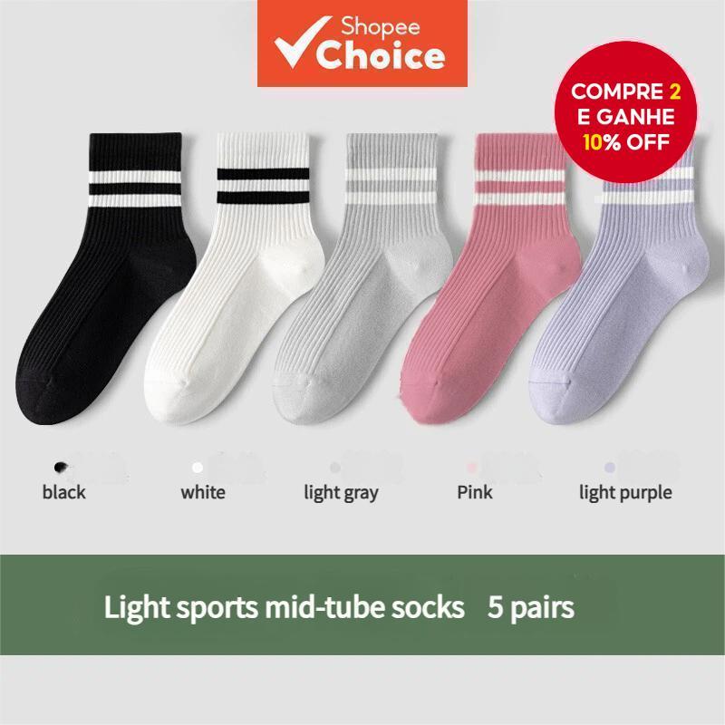 Meia Esportiva Feminina - Pacote com 5 Pares - Listrada de Cano Médio para Academia e Corrida