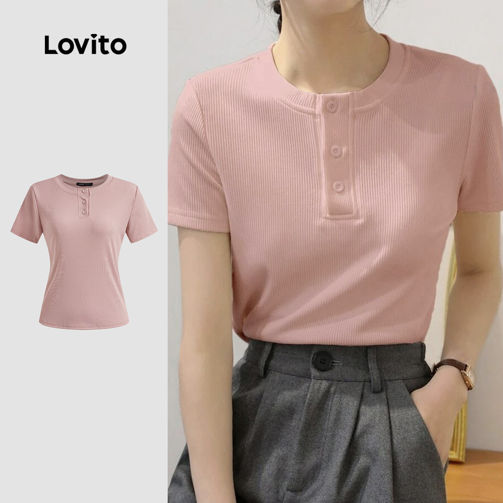 Lovito Casual Camiseta lisa com botões para mulheres L123ED210