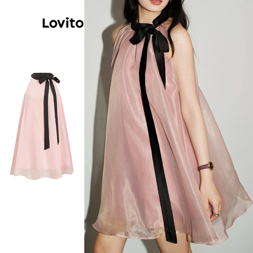 Lovito Vestido Casual Liso De Camada Dupla Com Gola Contrastante E Gravata Frontal Para Mulheres L109MD177 em Oferta na Shopee