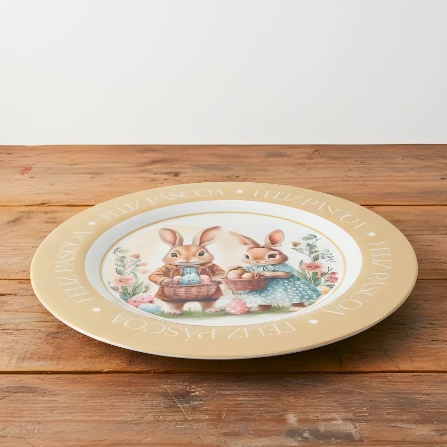 Prato de Sobremesa de Páscoa em Melamina - Casal de Coelhos com Cesta de Ovos - 20x20cm - 1 unidade - Rizzo em Oferta na Shopee