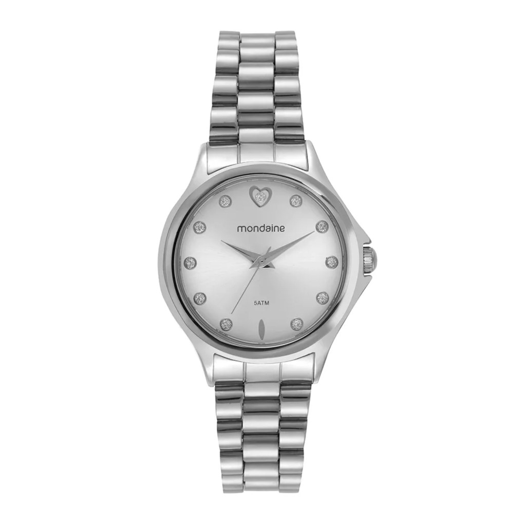 Relógio Feminino Prata 34mm Cristais com Coração + Porta-Joia 5 ATM