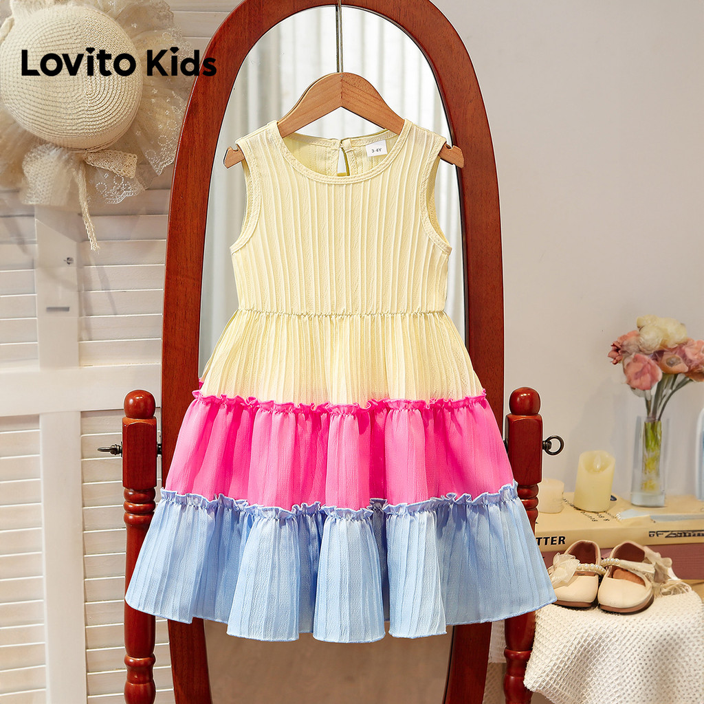 Lovito Kids  Vestido Casual Colorblock com Babados e Franzidos para Primavera/verão para Meninas LNL136421