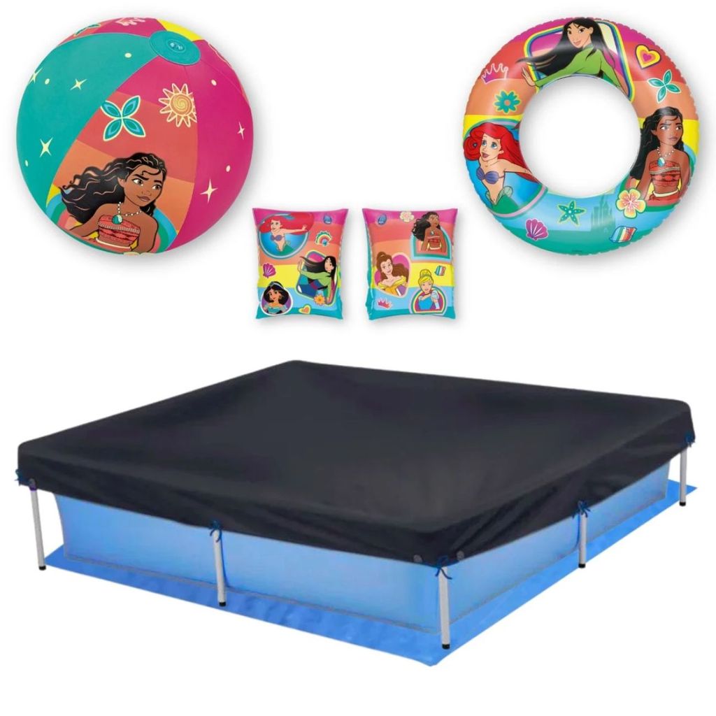 Piscina Infantil Estrutural 1500 Litros com Capa, Forro + Boias e Bola com Ilustração Princesas