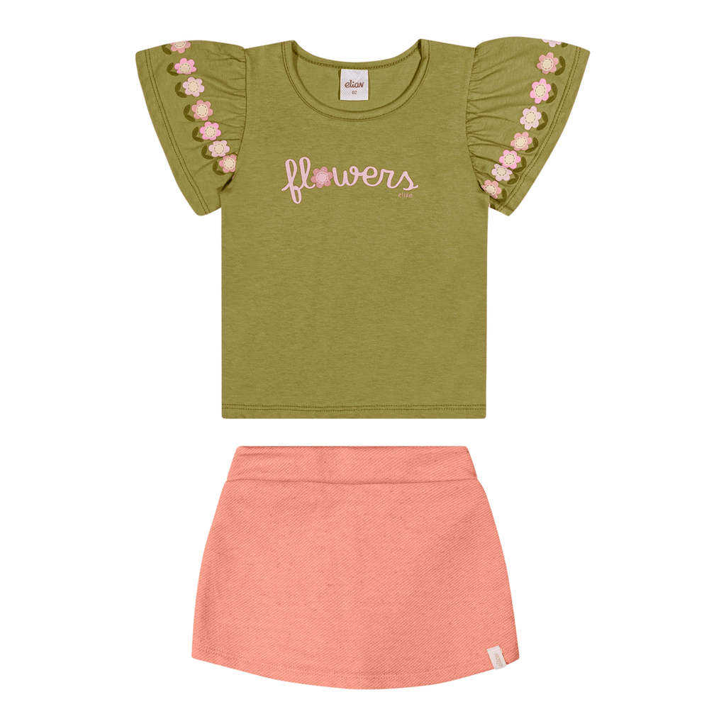 Conjunto Infantil Menina Blusa Flores e Short Saia Elian Verde