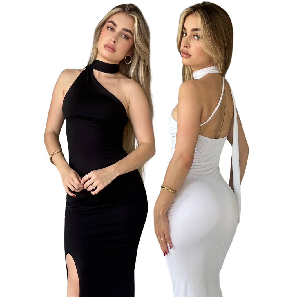 Vestido Longo Feminino Festa Um Ombro Só com Fenda e Gola Alta Elegante