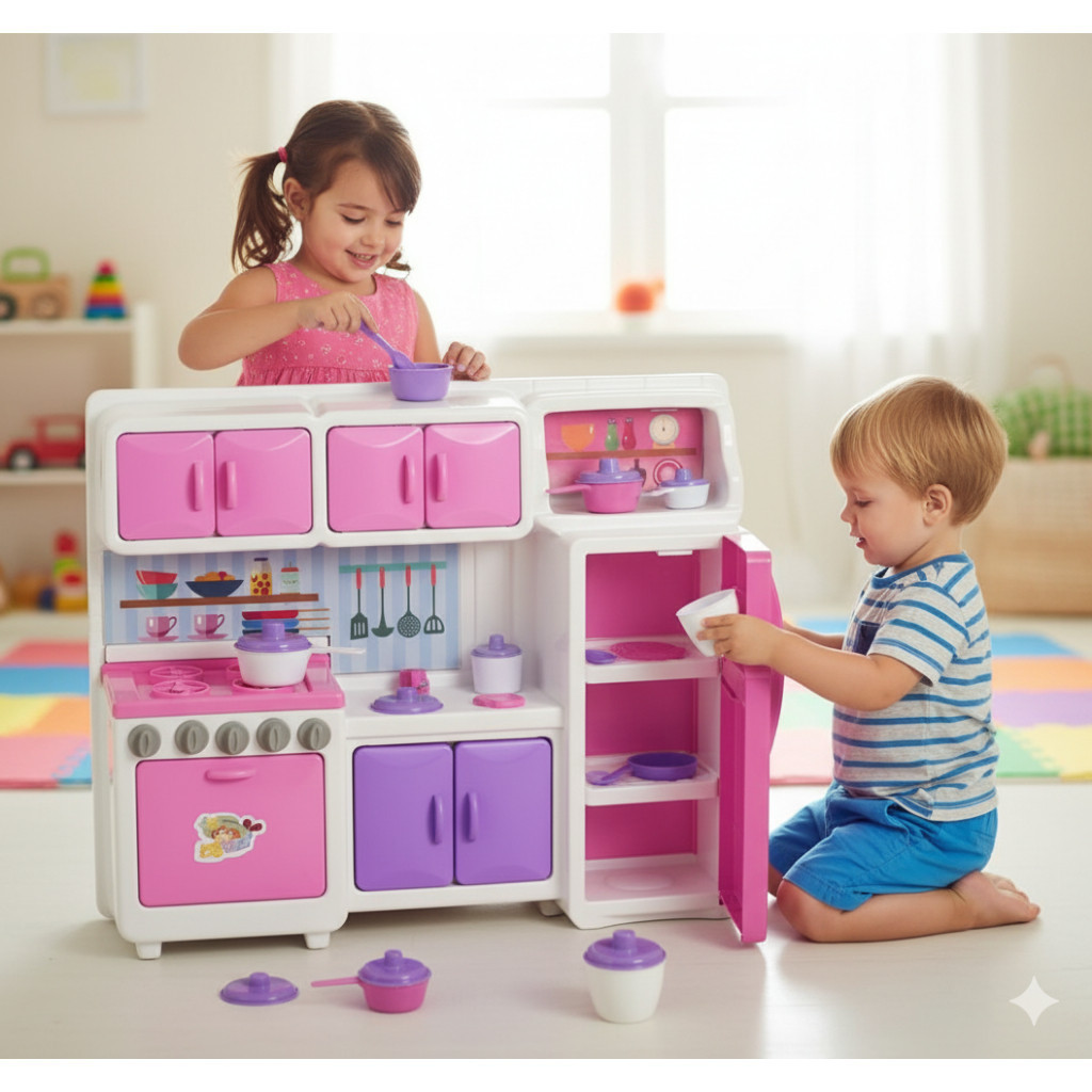 Mini Cozinha Infantil Fogão Geladeira Armário Brinquedo Menina Casinha Panelinhas Faz de Conta