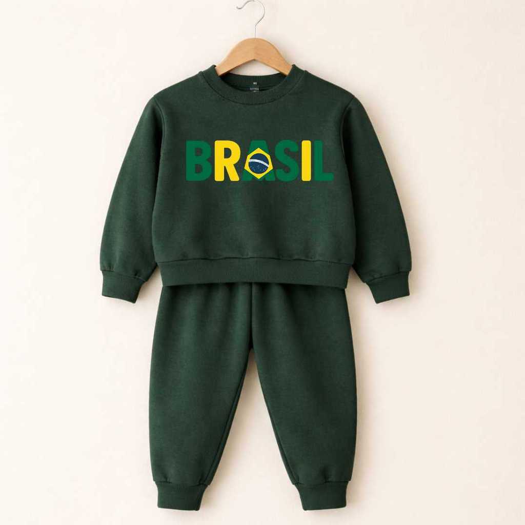 Conjunto Moletom Infantil Brasil Agasalho Blusa Calça Inverno Roupa de Frio Menino Felpado Torcida