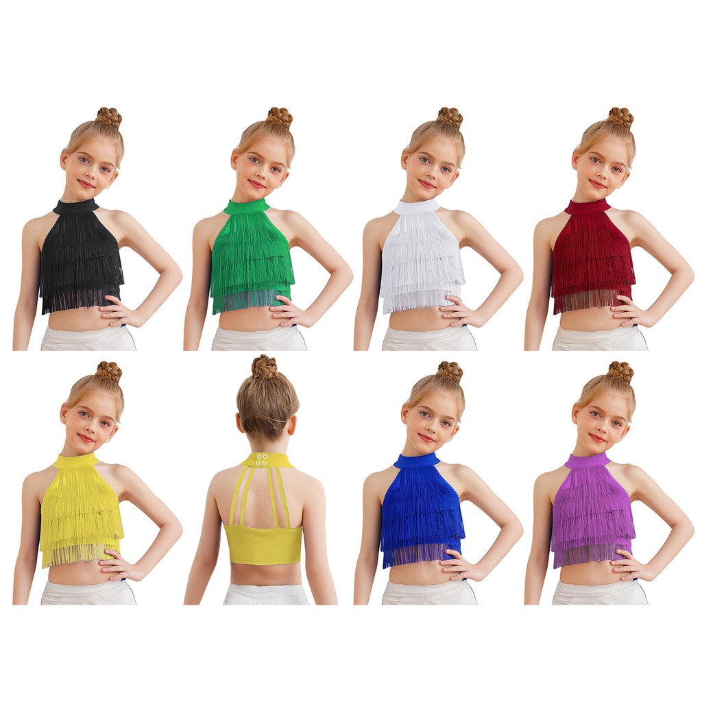 inhzoy Kids Girls Salsa Latin Dance Costume Fringe Crop Top Sleeveless Strappy Back Tiered Tassels Vest