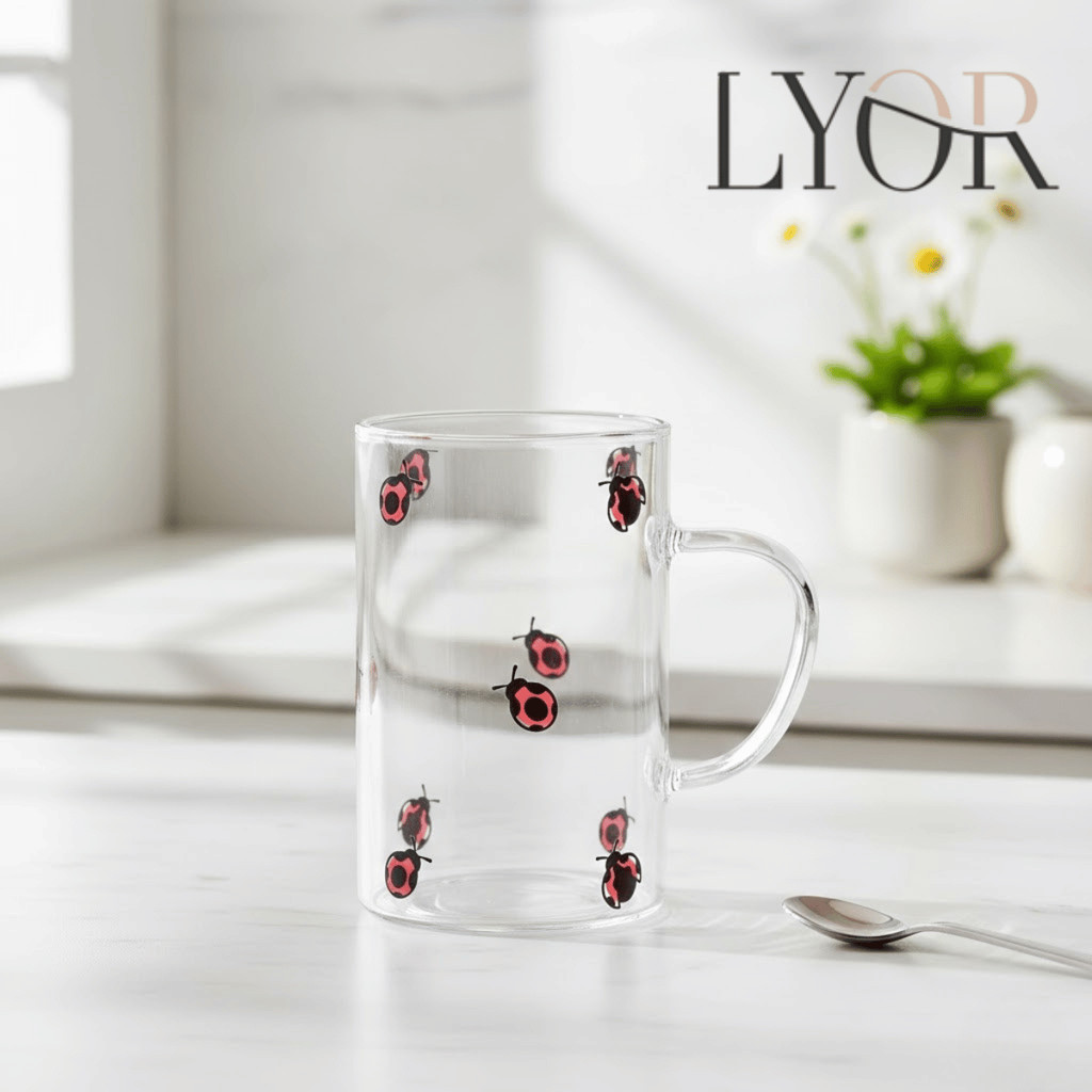 Kit 2 Caneca de Vidro Ladybug 280ml - LYOR / Xícara Chá Bebidas Resistente Jogo Conjunto Luxo