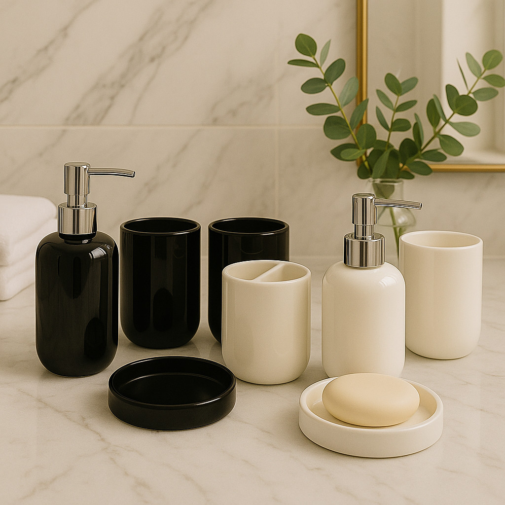 Kit Jogo  Banheiro Lavabo Porcelana cerâmica 4 Pçs Decoração Dispenser Sabonete Líquido Porta Escova