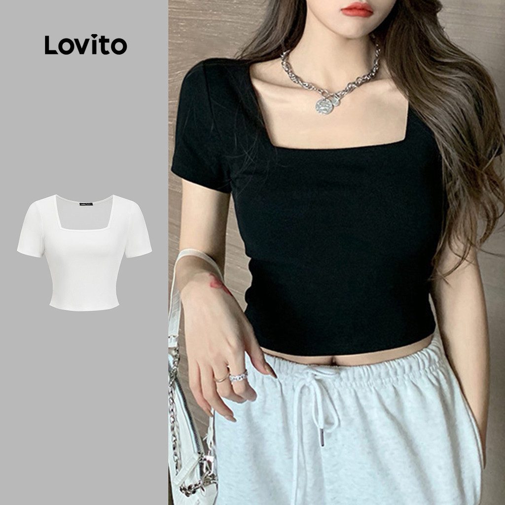 Lovito Camiseta Elegante para Commute Primavera/verão Preta para Mulheres LNE130X024 em Oferta na Shopee