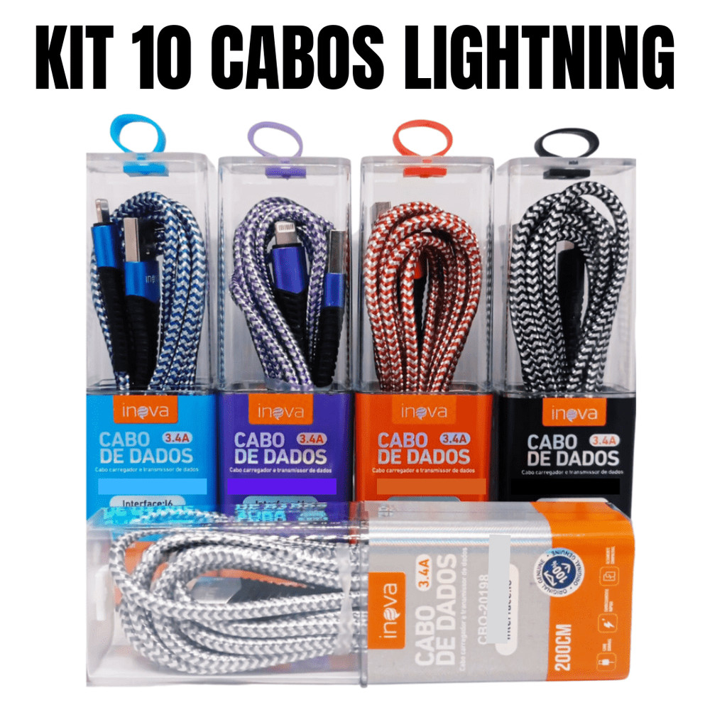 Kit 10 cabos lightning iphone usb carregador ultra rápido 2 metros resistente de tubo