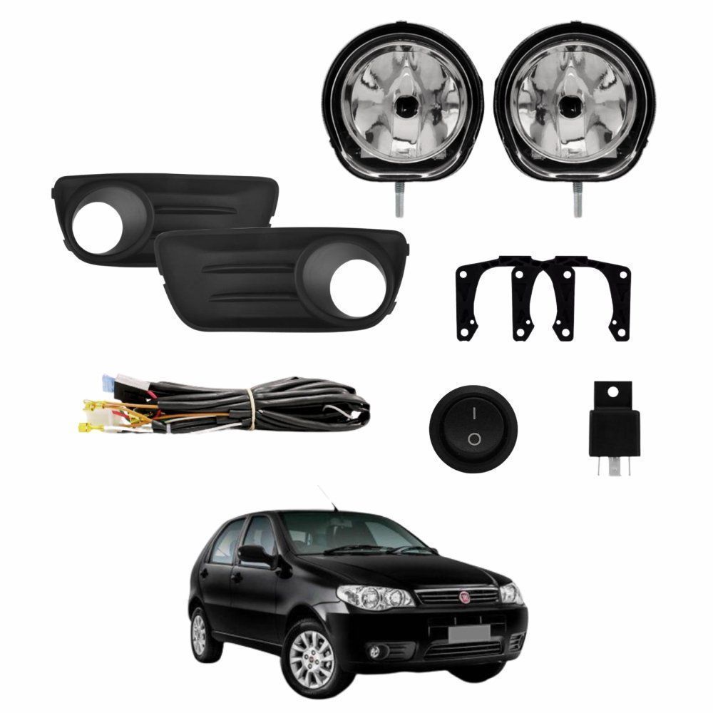 Kit Farol Auxiliar de Milha Fiat Palio Economy 2007 até 2011 Siena 2010 até 2011 Moldura Preta Botão Alternativo