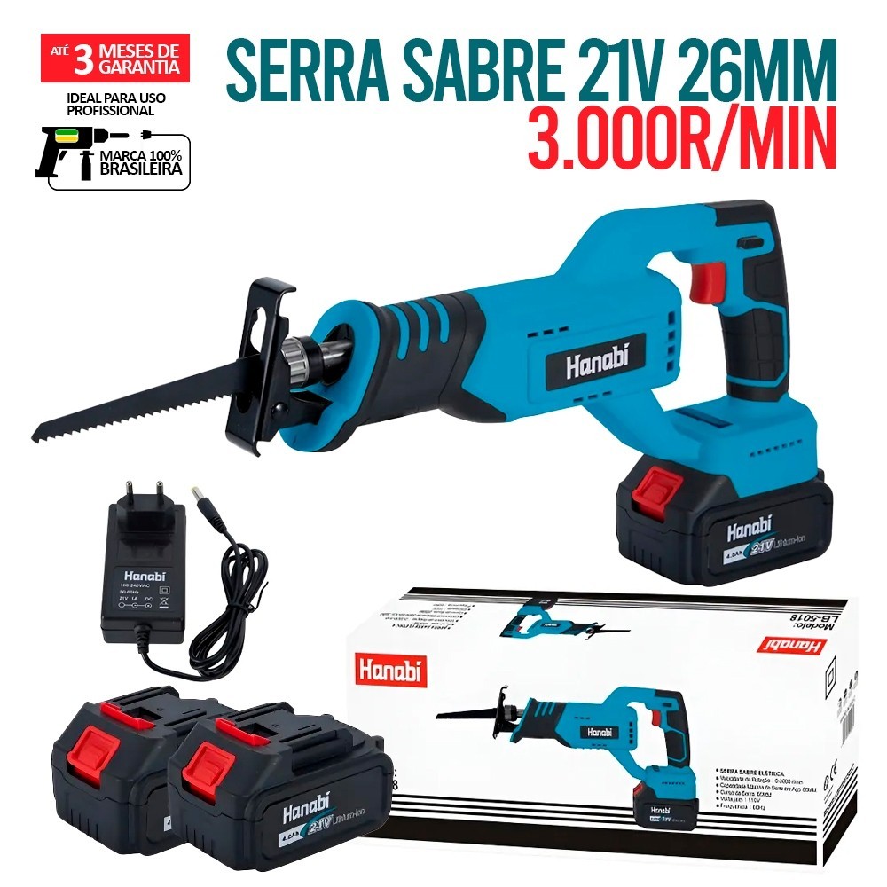 Hanabi Serra Sabre Elétrica Reciprocante 1100W Hanabi Portátil 2800r/min 20mm 2 Baterias p/ Madeira Galhos Hanabi