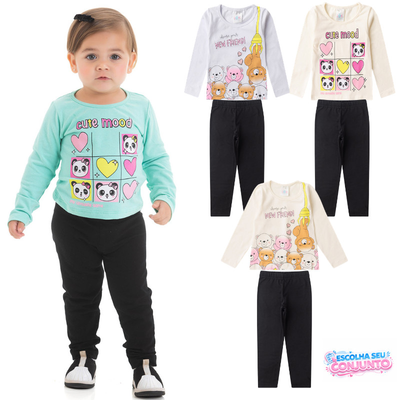 Conjunto Infantil Feminino Menina Meia Estação Blusa Manga Estampada Longa Cotton e Calça Legging Suplex 1 ao 3 anos