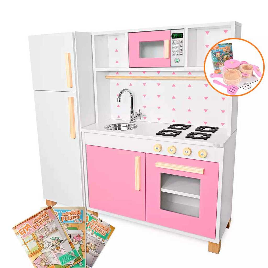 Cozinha Infantil Geladeira Panelinhas Brinquedo Madeira Pedagógico Panelinha Rosa Faz de Conta Chef Kit Livro Educativo