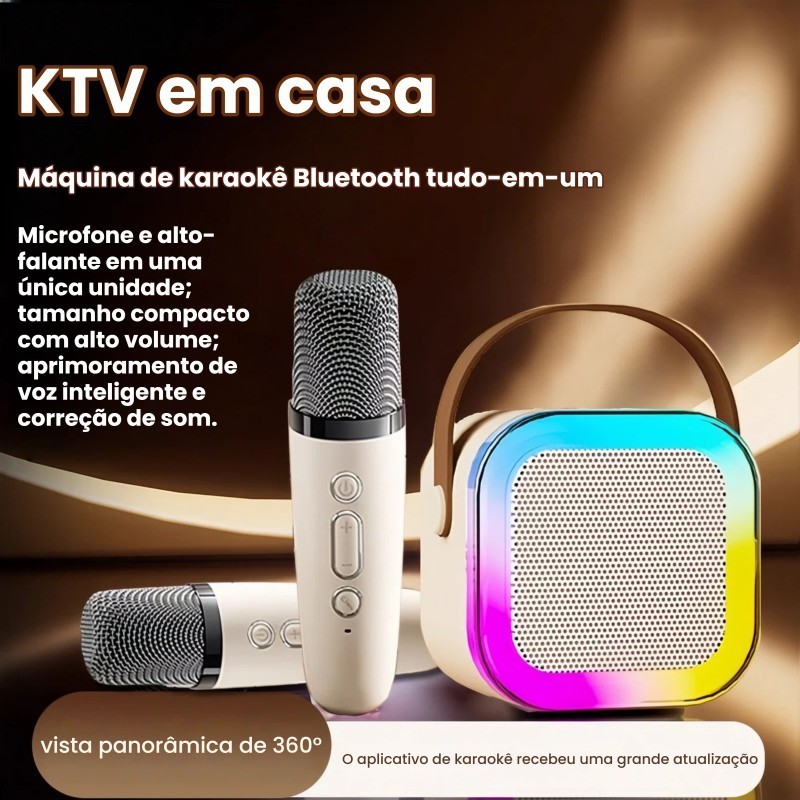 Karaokê Portátil Bluetooth com Duplo Microfone Sem Fio Caixa de Som LED
