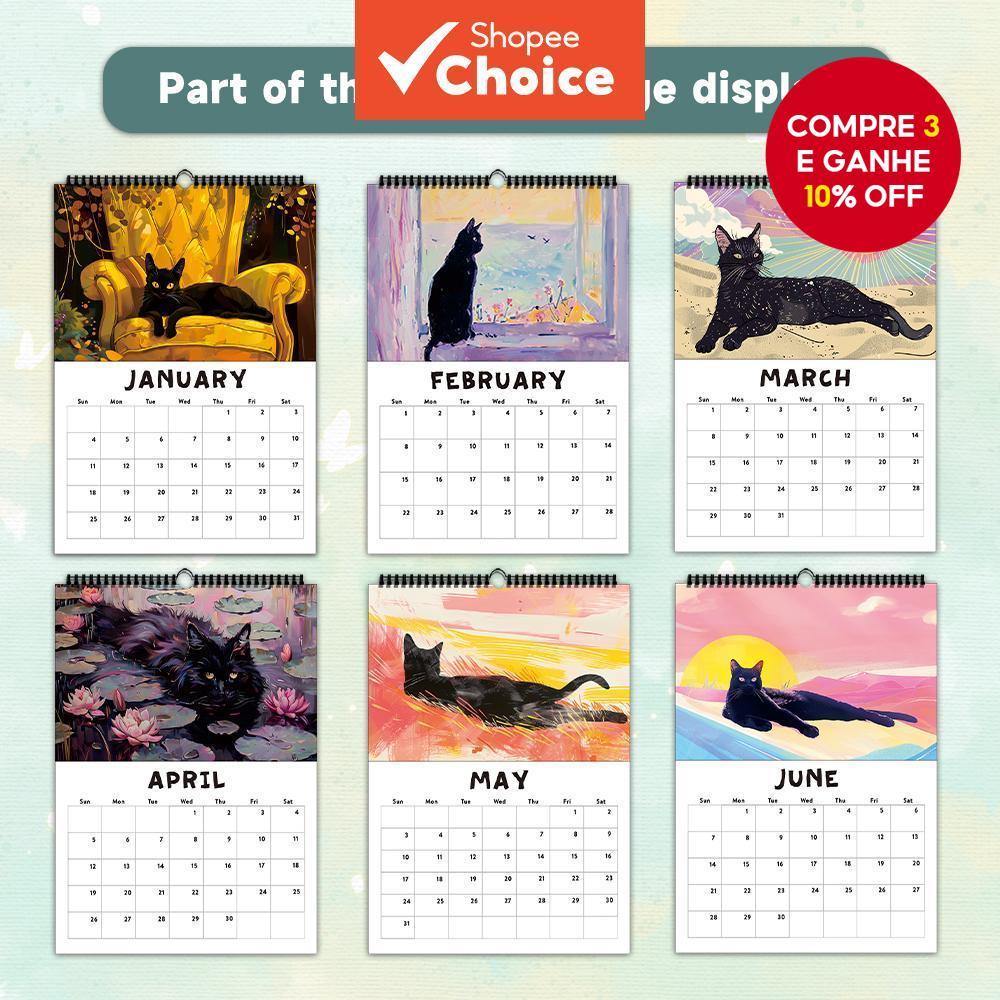 Calendário de Parede 1pc 2026, Série de Gatos Fofos Desenhados à Mão, planner de estudos, 12 Lindos Designs, Presente em Oferta na Shopee