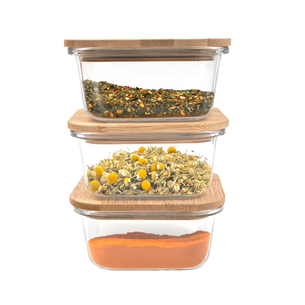 kit 3 potes de vidro 380ml com tampa de bambu hermético marmita quadrados - Tud