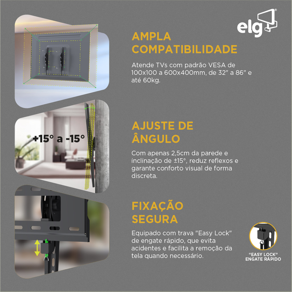 Suporte Fixo Inclinável TV 32 a 65 Pol 40kg VESA 600x400 Easylock ELG A03V6 · foto 2