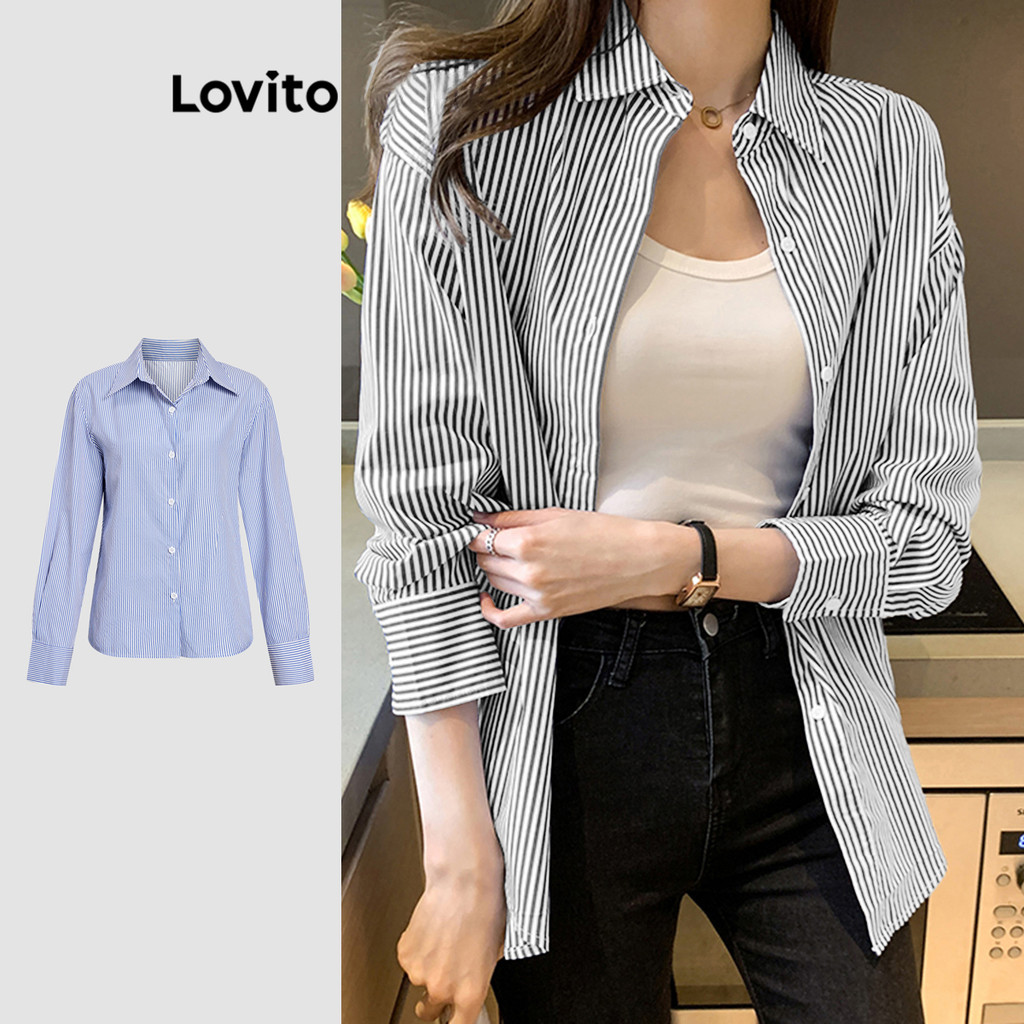Lovito Blusa Casual Listrada Manga Comprida Botão Blusa De Verão Para Mulheres LNA26184 (Multicolorido)