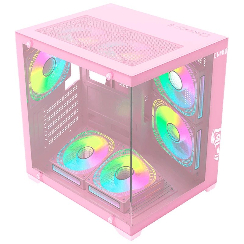 Gabinete Gamer Clanm Candy Auster 5 ventoinhas Micro ATX Vidro temperado Rosa