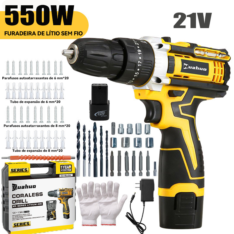 【110V e 220V】550W Furadeira Parafusadeira 2 Baterias 12V Sem Fio Impacto Com Maleta Completo.