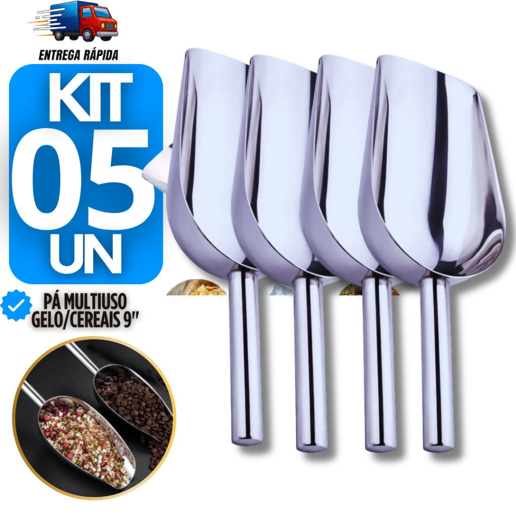 Conjunto Pá Pegadoras 9" Aço Inox Multiuso Pegadores Concha Gelo Ração Pet Cereal Grãos Utensílio