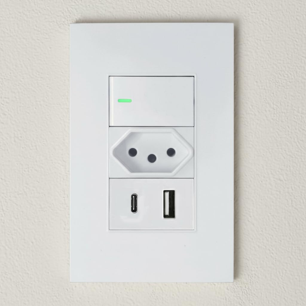 Tomada USB USB-C 10A com Interruptor LED Espelho 4x2 Branco Modular