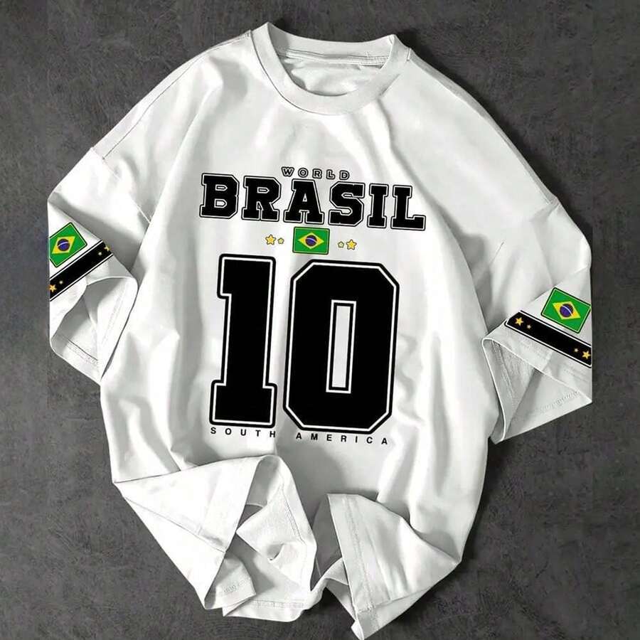 Camiseta Casual Masculina Estampa "BRASIL" e Número 10 Algodão Premium Torcida Copa do Mundo Moda Futebol Brasileiro